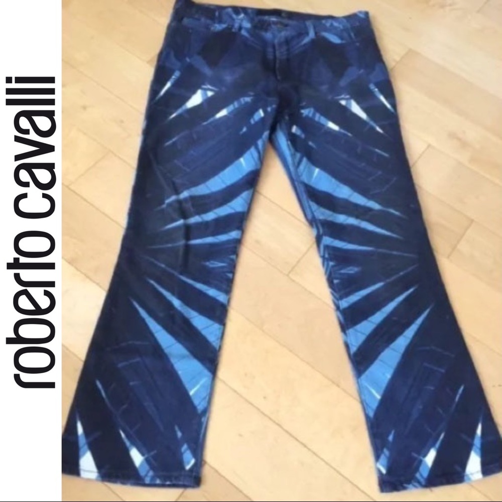 ROBERTO CAVALLI Jeans 33 NEW! $598 Capri Palm Op Art RARE Blue Jeans jungle OOAK - Picture 1 of 5